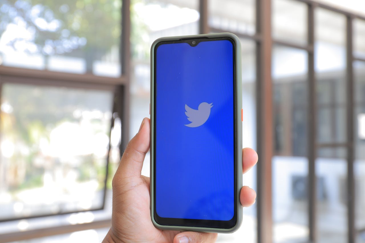 Hand holding a smartphone displaying the Twitter logo, indoors with natural light.